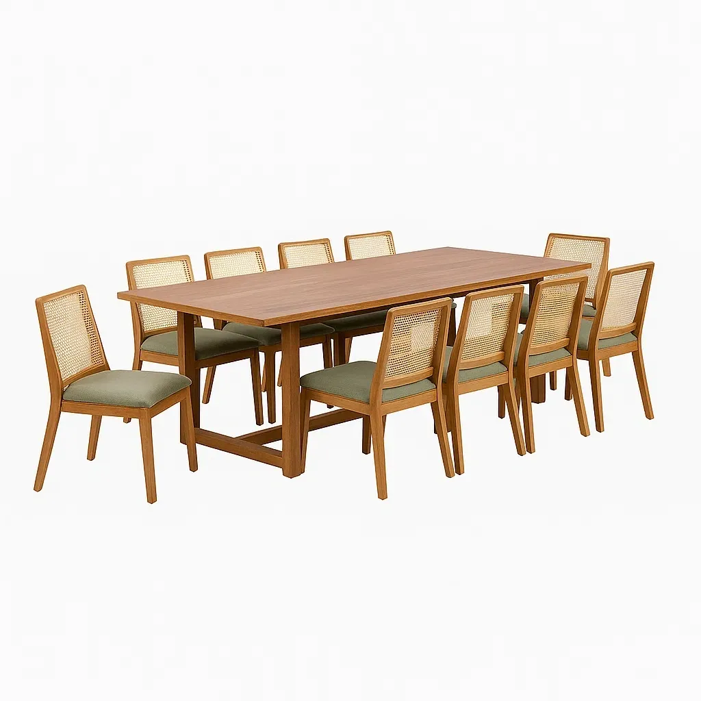 Set tavolo da pranzo con sedie in legno con 10 sedie in tessuto verde