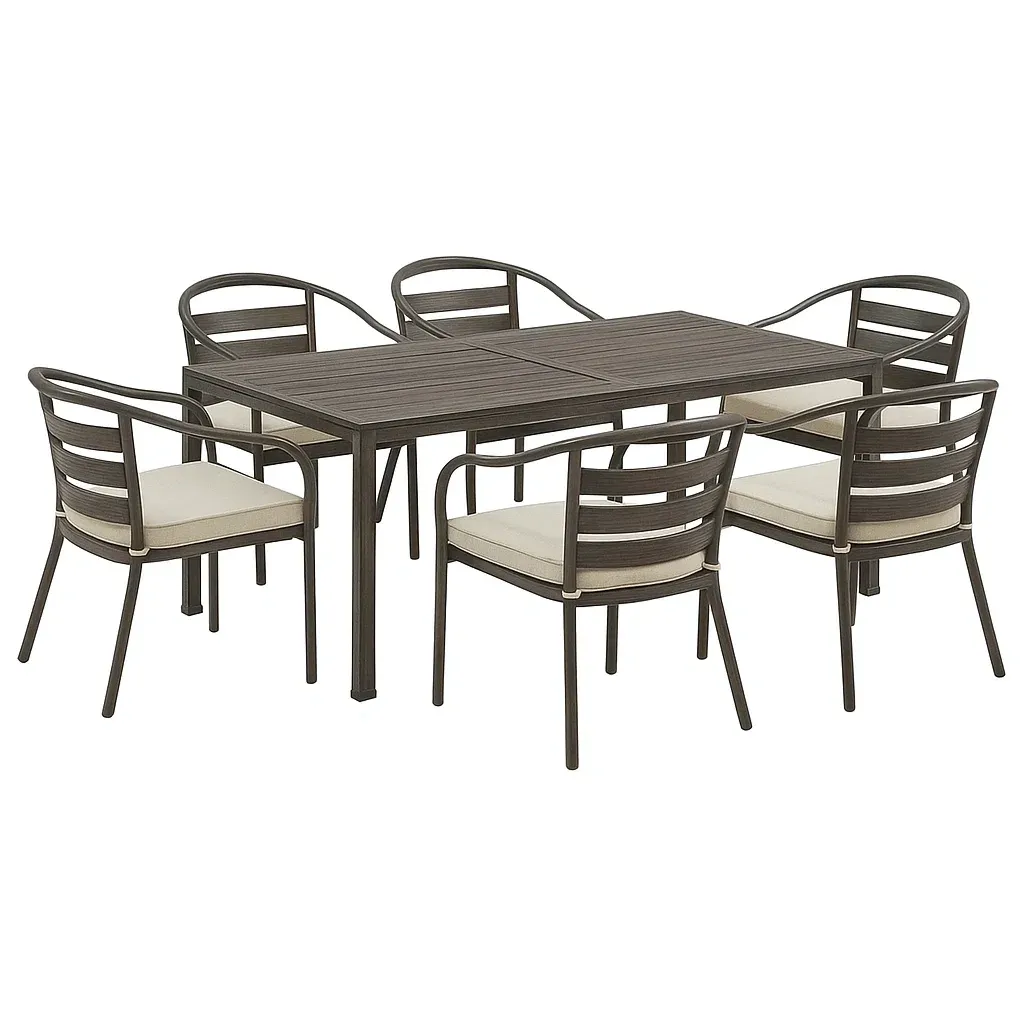 Set tavolo da pranzo con sedie rettangolare in alluminio con 6 sedie e cuscini