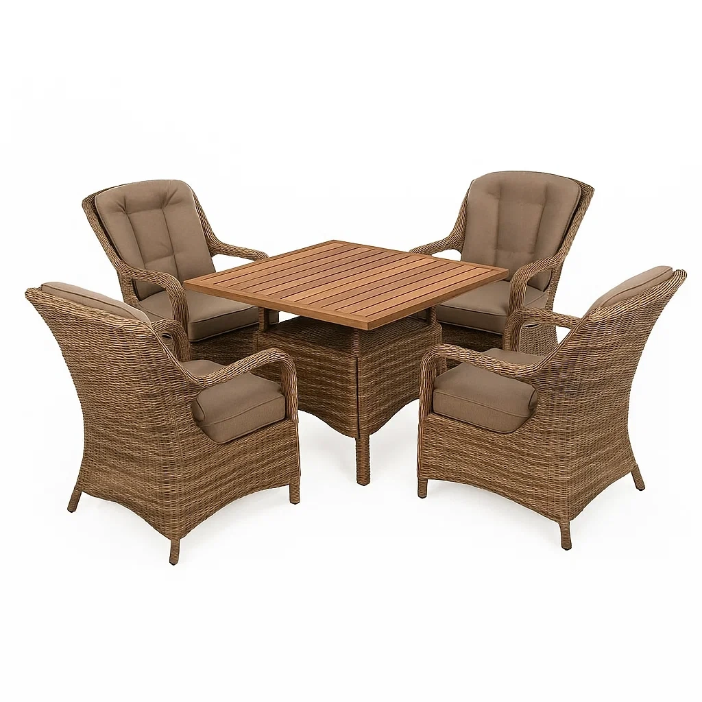 Set tavolo da pranzo con sedie in rattan marrone con tavolo in legno e 4 sedie