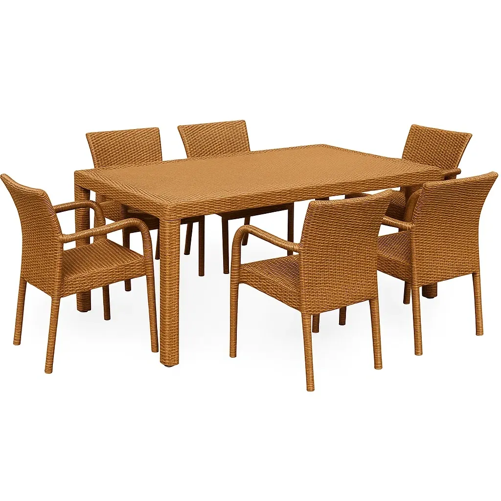 Set tavolo da pranzo con sedie rettangolare con 6 sedie in rattan marrone