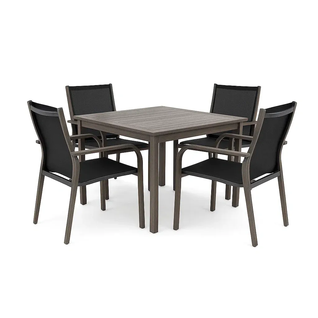 Set tavolo da pranzo con sedie quadrato in alluminio e tessuto sintetico grigio/nero 5 pezzi