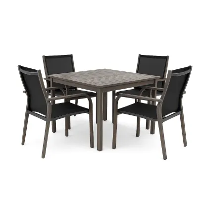 Set tavolo da pranzo con sedie quadrato in alluminio e tessuto sintetico grigio/nero 5 pezzi