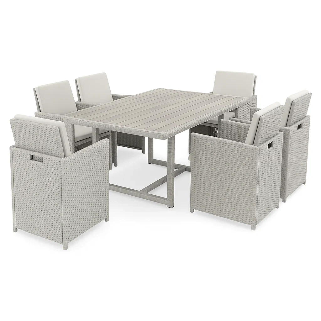 Set tavolo da pranzo con sedie da esterno in rattan con 6 sedie e tavolo rettangolare