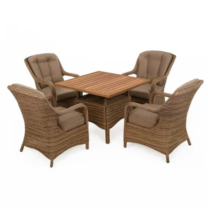 Set tavolo da pranzo con sedie in rattan marrone con tavolo in legno e 4 sedie