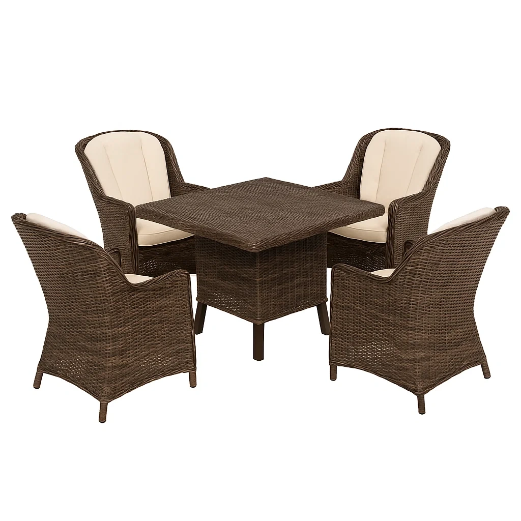 Set tavolo da pranzo con sedie in rattan marrone con 4 sedie e tavolo quadrato