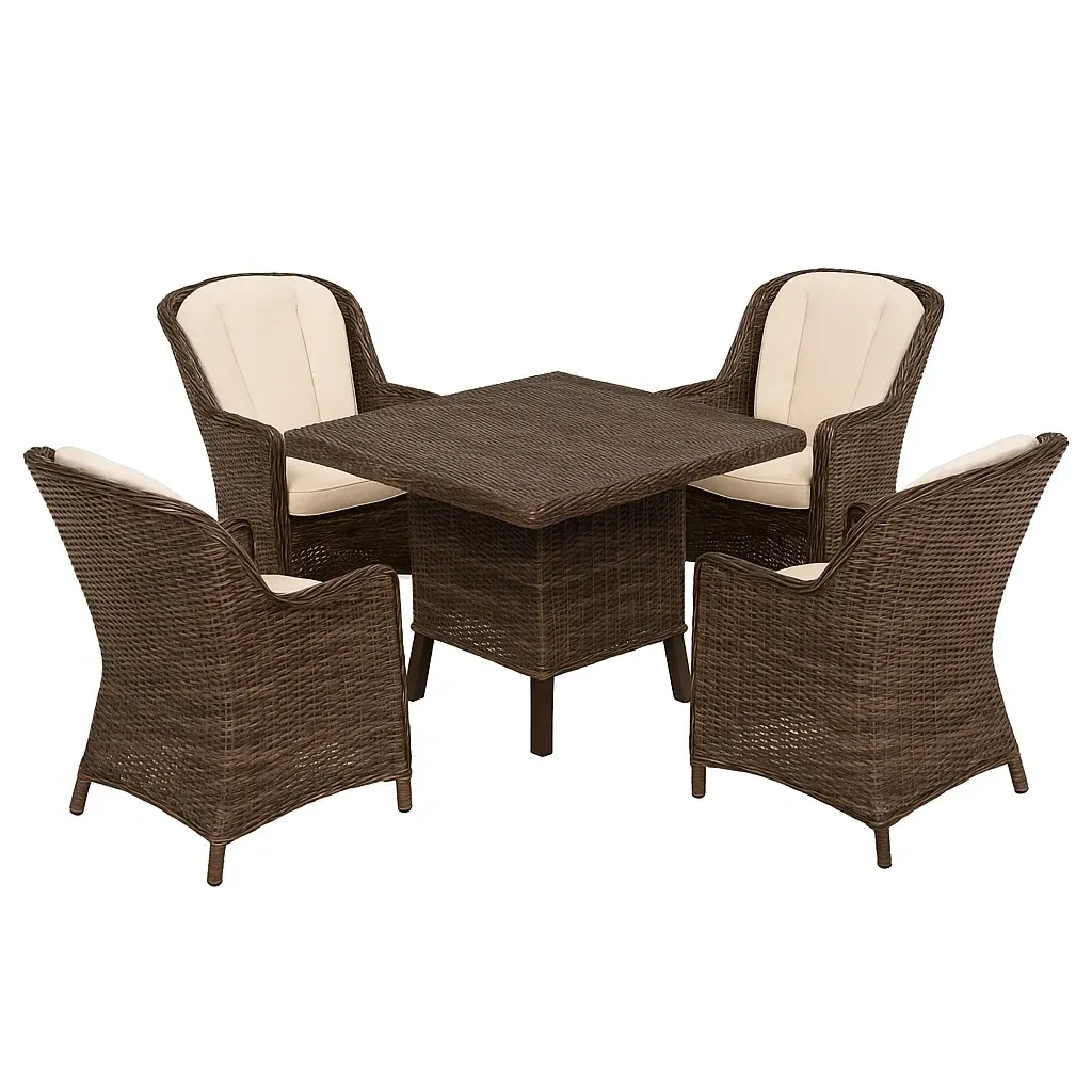 Set tavolo da pranzo con sedie in rattan marrone con 4 sedie e tavolo quadrato