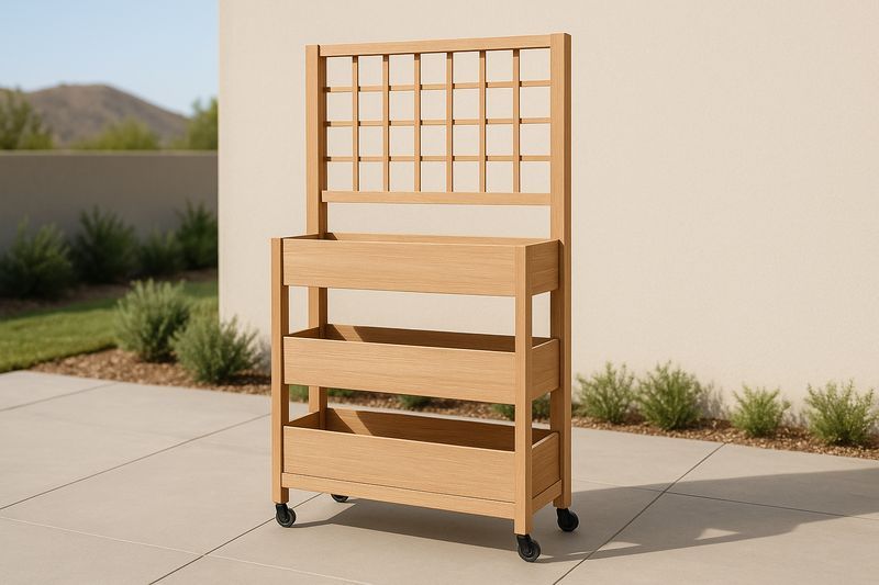 Supporto da giardino in legno di bambù con griglia e ruote.