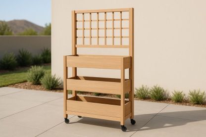 Supporto da giardino in legno di bambù con griglia e ruote.