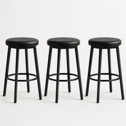 Tabourets de Bar Ronds Noirs en Métal et Similicuir Ensemble de 3