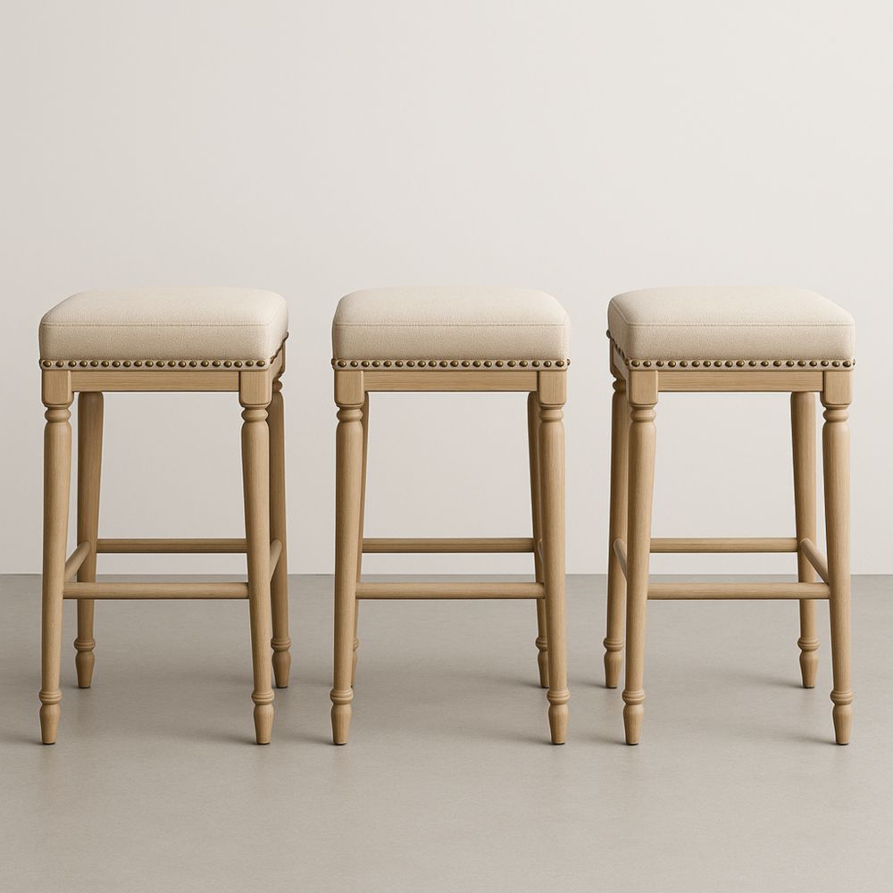 Lot de 3 Tabourets de Bar en Bois et Tissu Beige