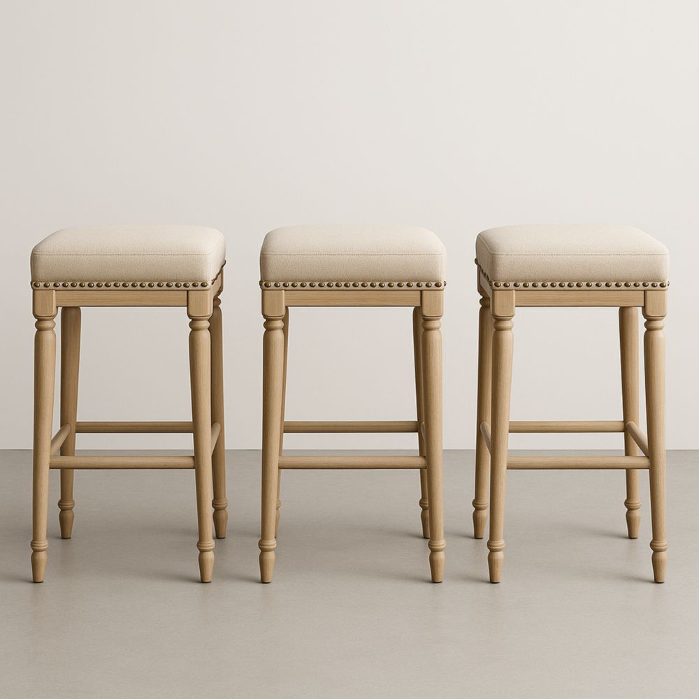 Lot de 3 Tabourets de Bar en Bois et Tissu Beige