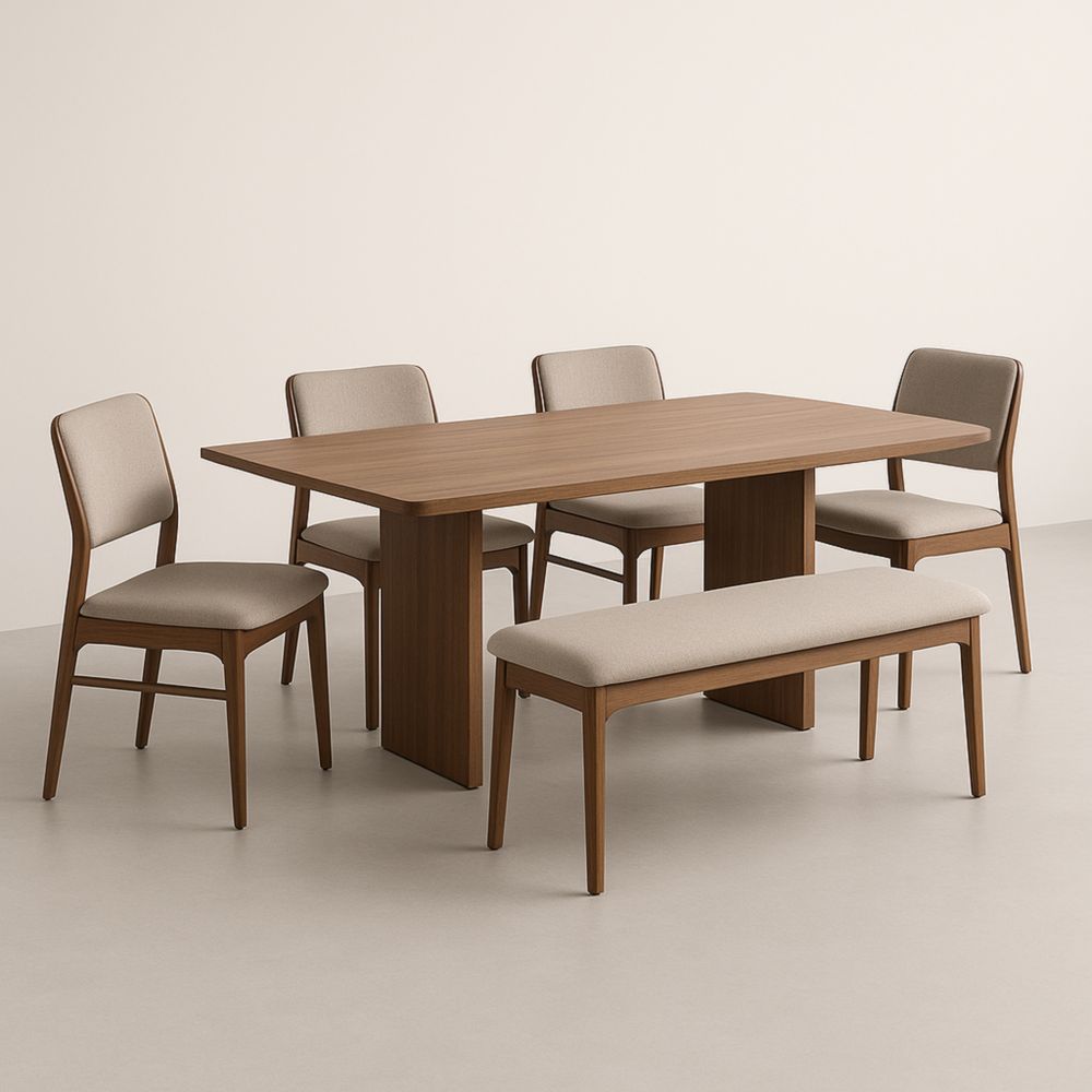 Ensemble table et chaises en bois massif marron et beige avec banc