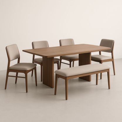 Ensemble table et chaises en bois massif marron et beige avec banc