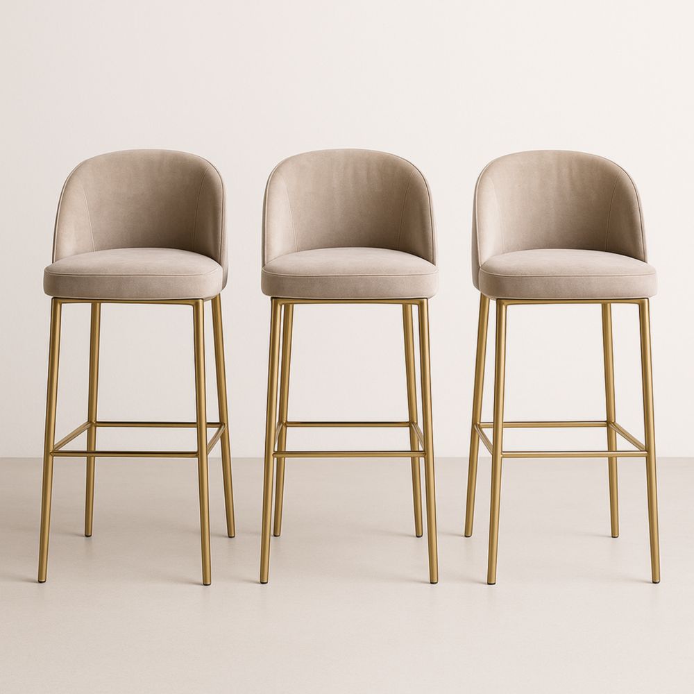 Lot de 3 Tabourets de Bar en Velours et Métal Doré