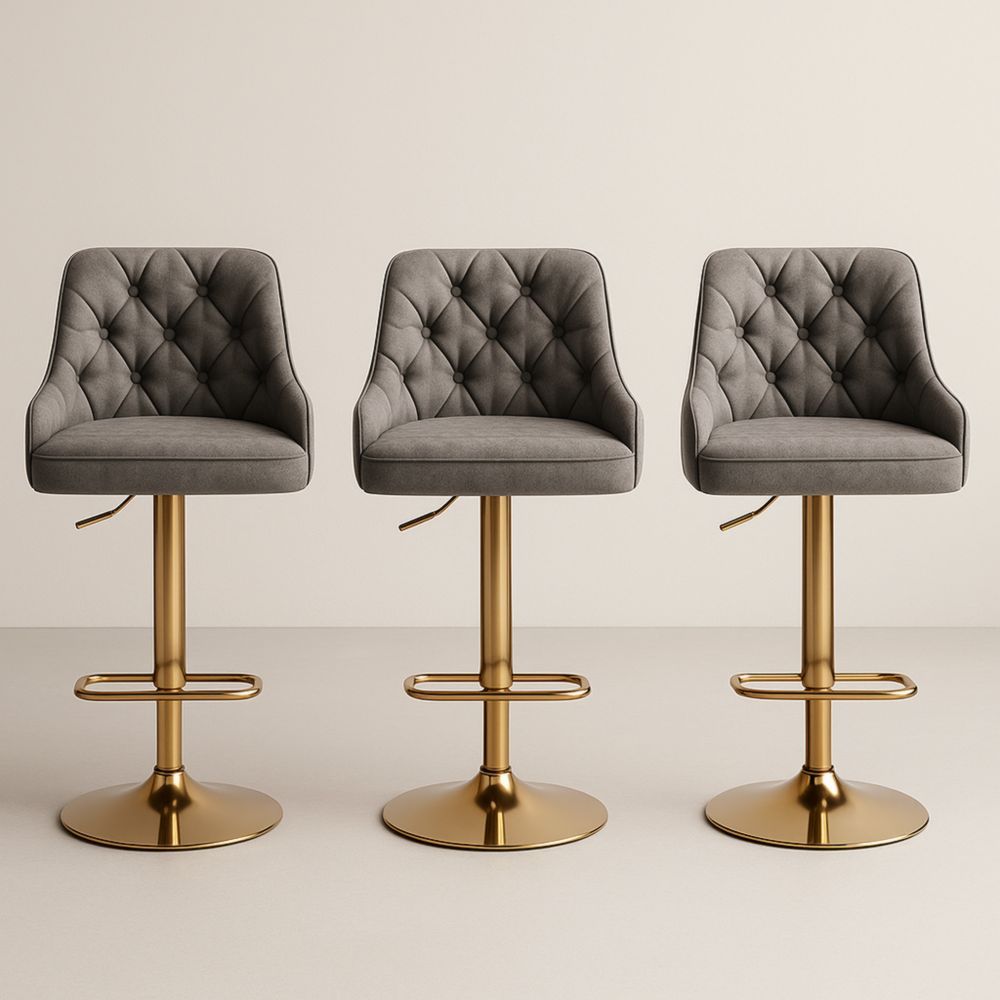 Tabouret de Bar Pivotant Réglable en Tissu Gris et Métal Doré, Ensemble de 3