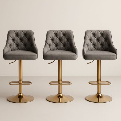 Tabouret de Bar Pivotant Réglable en Tissu Gris et Métal Doré, Ensemble de 3