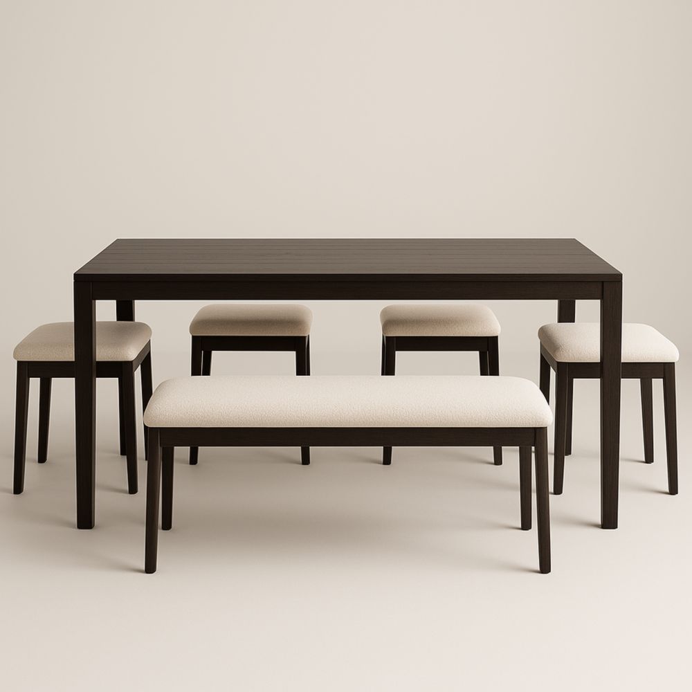Ensemble table rectangulaire en bois noir avec 4 tabourets et banc en tissu beige