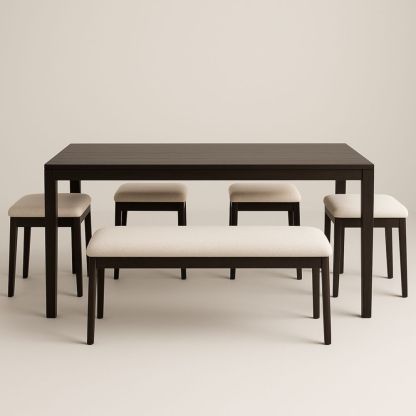 Ensemble table rectangulaire en bois noir avec 4 tabourets et banc en tissu beige