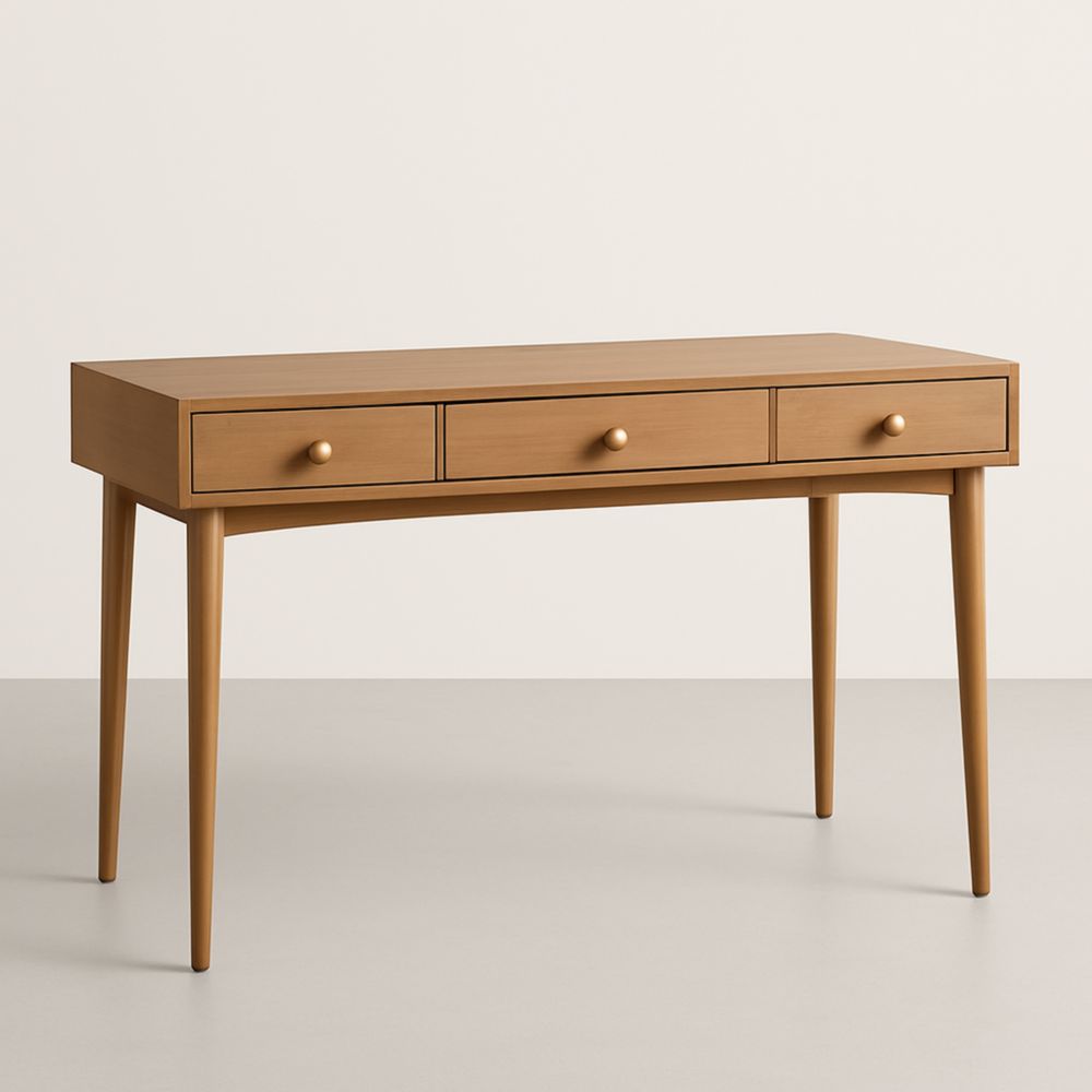 Bureau en bois marron avec trois tiroirs