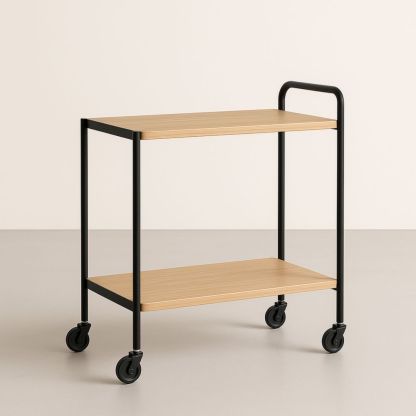Chariot de Service Rectangulaire Bois Métal 2 Niveaux Noir Naturel
