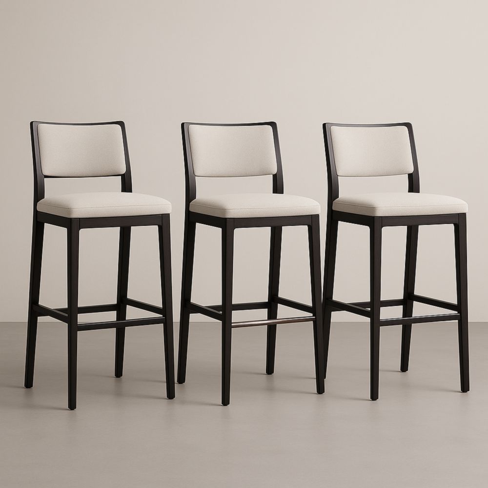 Tabourets de Bar en Bois Massif et Tissu Crème Noir, Lot de 3