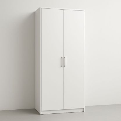 Armoire blanche à deux portes en panneau de particules avec poignées métalliques