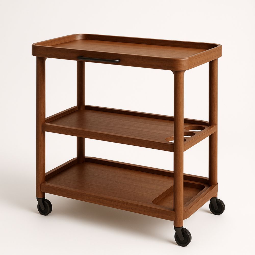 Chariot de Service en Chêne Marron à Roulettes avec Trois Étagères