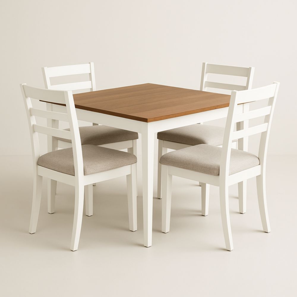 Ensemble table à manger carrée en bois et chaises blanches avec assise en tissu