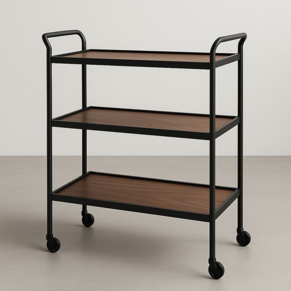 Chariot de Service Métal Noir et Contreplaqué 3 Niveaux