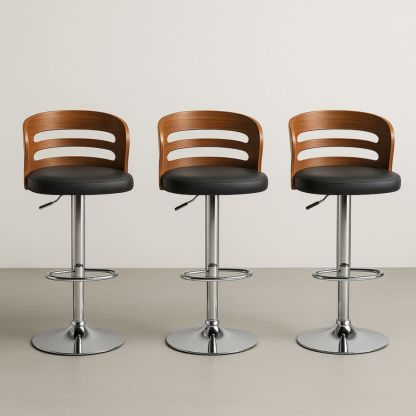 Lot de 3 tabourets de bar pivotants en bois et similicuir avec pied réglable chromé