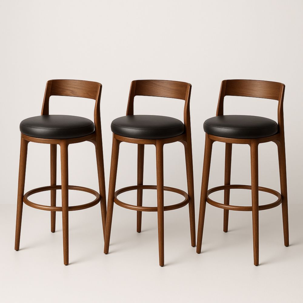Tabourets de bar en bois avec assise en cuir synthétique Noir