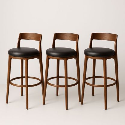 Tabourets de bar en bois avec assise en cuir synthétique Noir