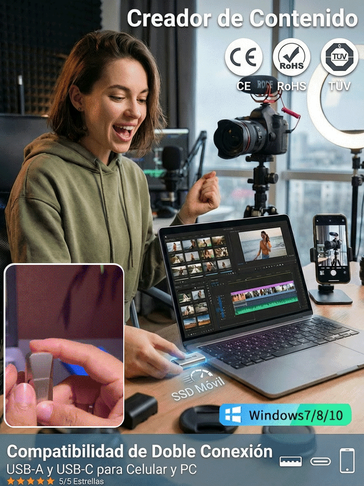 Unidad flash SSD de doble interfaz compatible con teléfonos y computadoras🔌 Compatible con móvil y PC – Tipo C y USB-A, enchufar y usar⚡ Velocidad SSD – transfiere películas en segundos