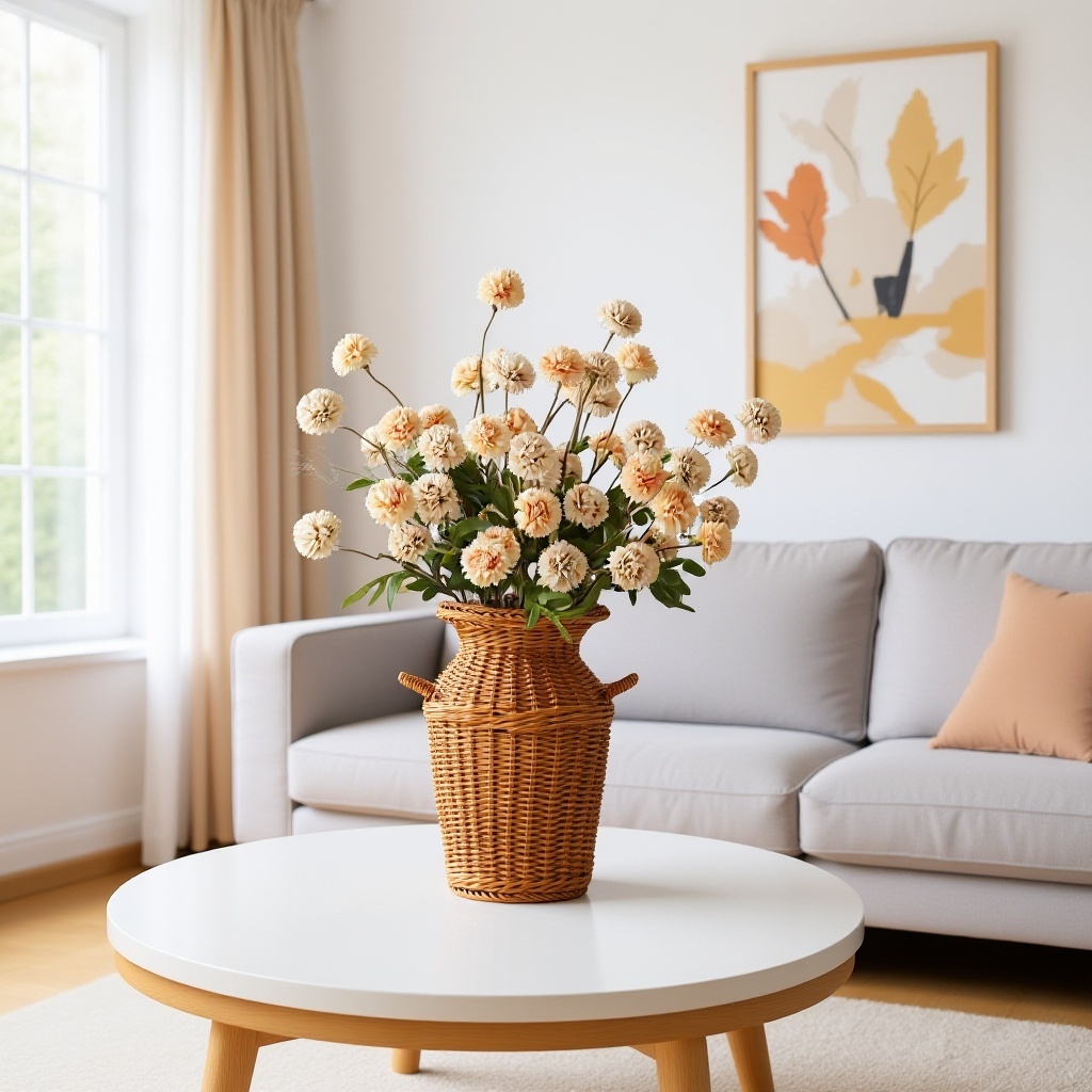 Detalle artesanal de jarrón de ratán retro