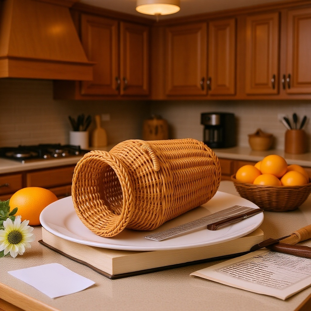 Jarrón decorativo de ratán retro sobre mesa