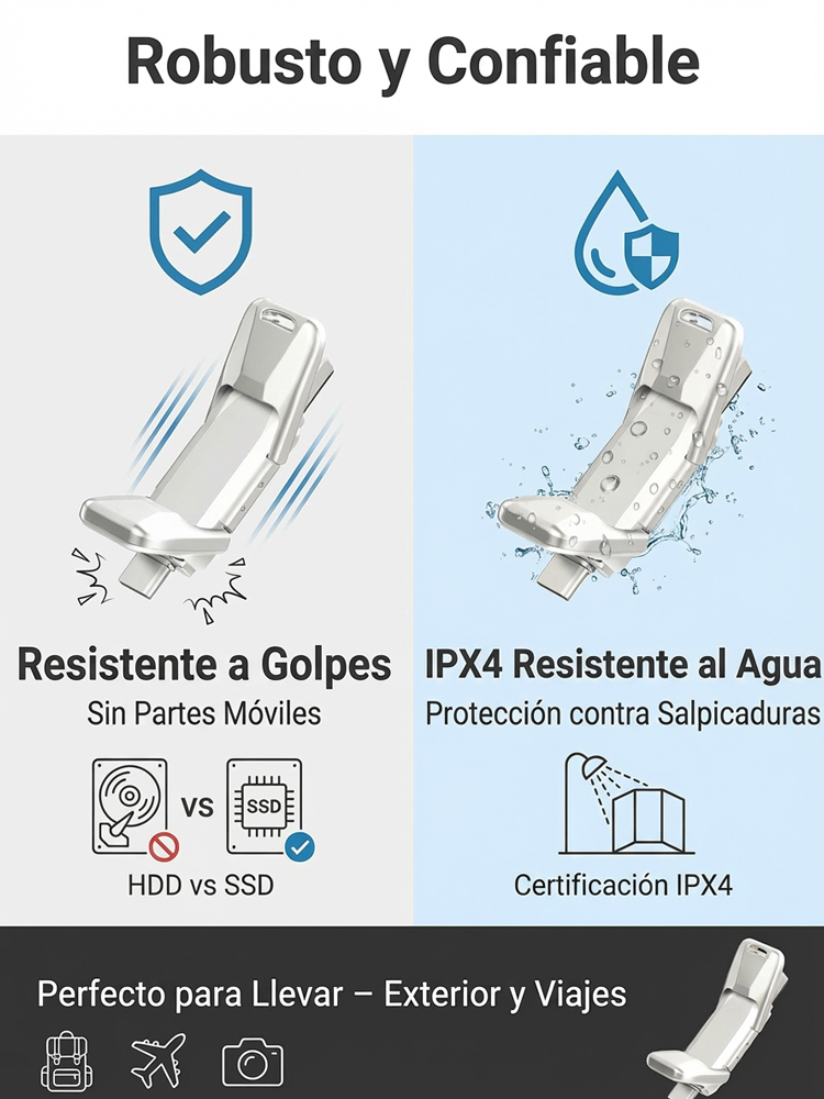 Unidad flash SSD de doble interfaz compatible con teléfonos y computadoras🔌 Compatible con móvil y PC – Tipo C y USB-A, enchufar y usar⚡ Velocidad SSD – transfiere películas en segundos