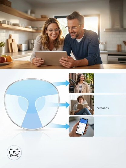 No es necesario cambiar frecuentemente de receta, gafas de lectura, enfoque automático tanto para distancias cercanas como lejanas, sensibilidad automática a la luz