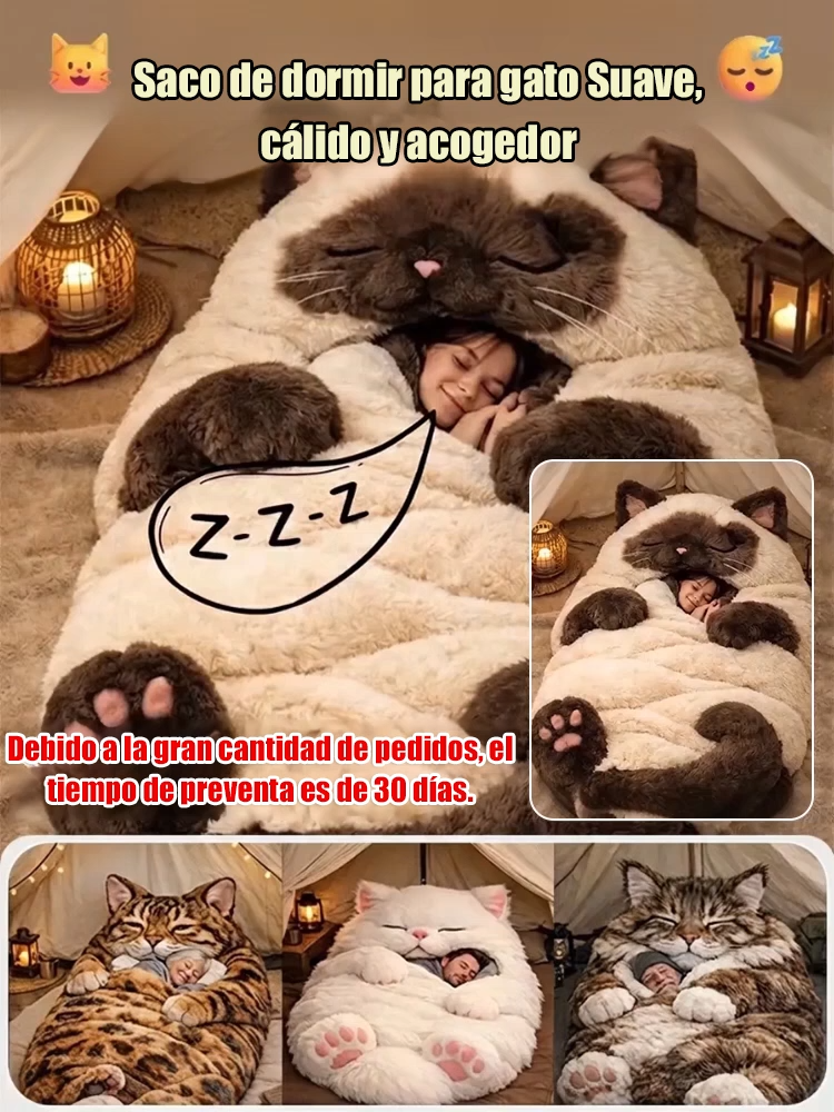 Saco de dormir de felpa para adultos con diseño de gato