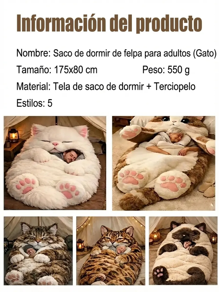 Saco de dormir de felpa para adultos con diseño de gato