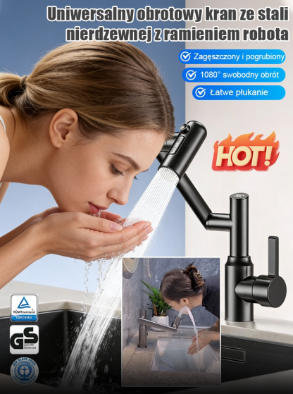 Kran robotyczny z obrotowym ramieniem 1080°. Swobodnie obracany strumień wody ułatwia mycie.