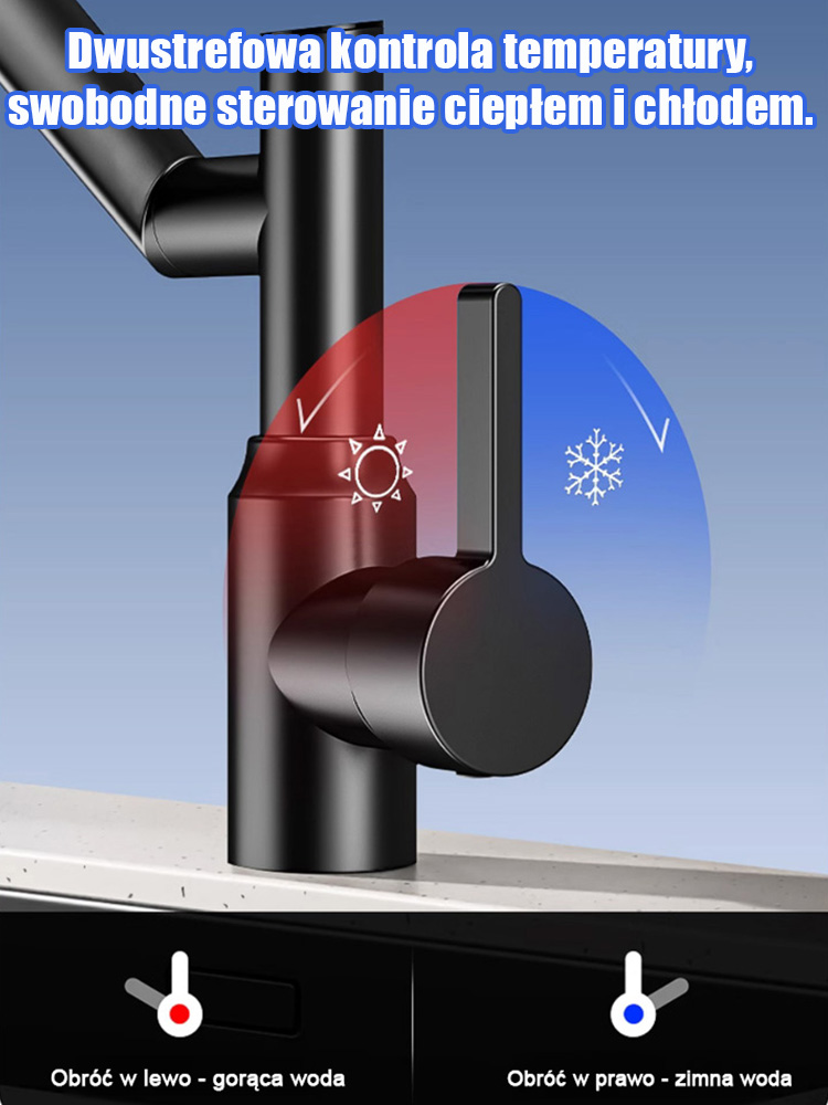 Kran robotyczny z obrotowym ramieniem 1080°. Swobodnie obracany strumień wody ułatwia mycie.