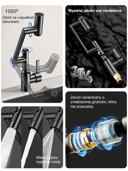 Kran robotyczny z obrotowym ramieniem 1080°. Swobodnie obracany strumień wody ułatwia mycie.
