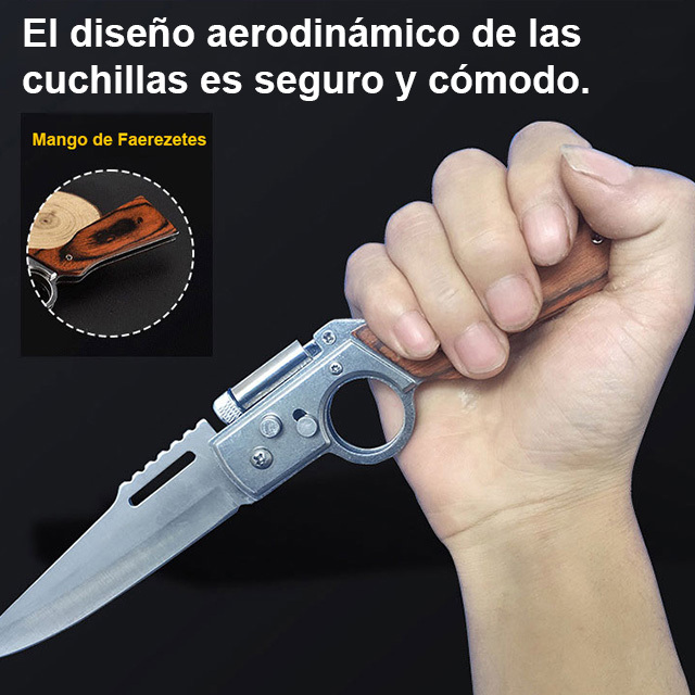 Regalo ideal para amantes del outdoor y coleccionistas.🎁Herramienta multifuncional plegable con mango de madera para defensa personal💡Todo en uno: Navaja, destornillador y luz LED.