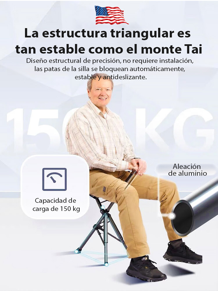 Bastón-Taburete Plegable 2 en 1 de Aleación de Aluminio Súper Resistente (150 kg) - Estructura Triangular Portátil para Senderismo y Pesca - Oferta de Liquidación 80% OFF