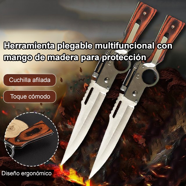 Regalo ideal para amantes del outdoor y coleccionistas.🎁Herramienta multifuncional plegable con mango de madera para defensa personal💡Todo en uno: Navaja, destornillador y luz LED.