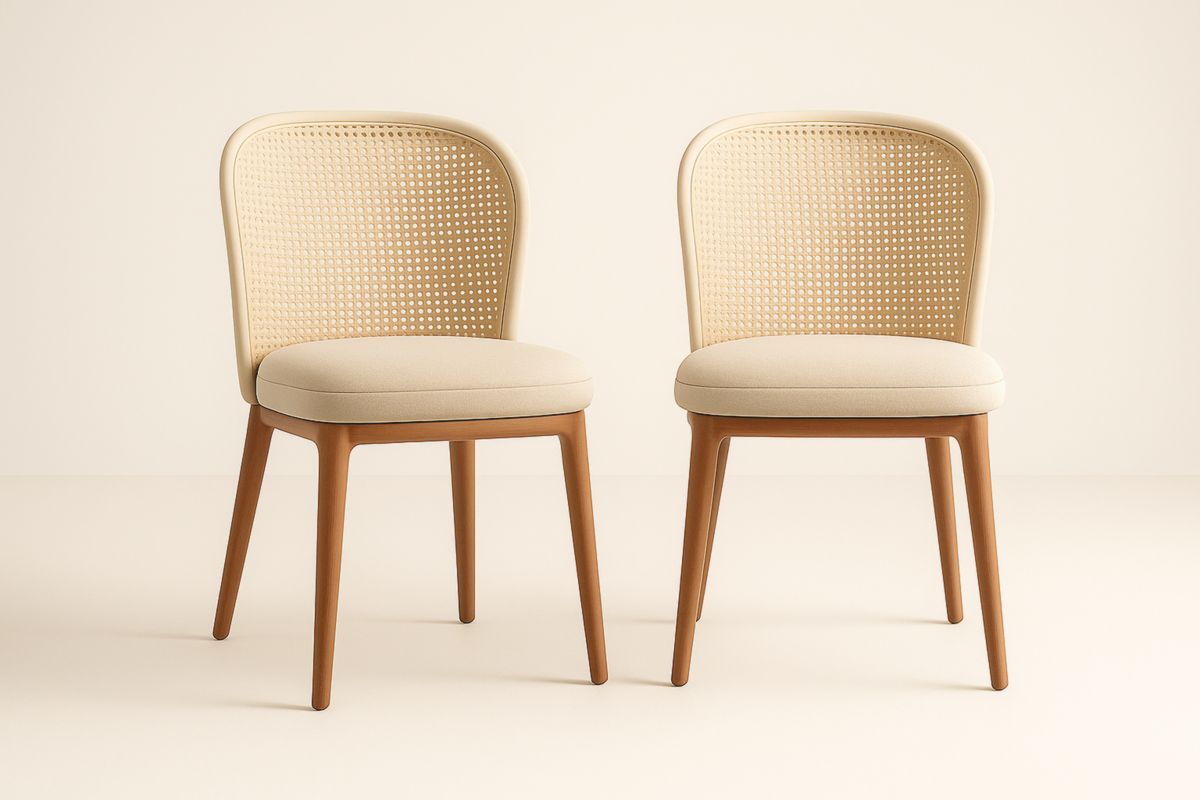 Set di sedie in rattan con gambe in legno e seduta in tessuto Beige