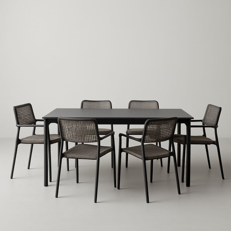 Set Tavolo Rettangolare in Metallo e 6 Sedie in Rattan Sintetico Nero/Marrone