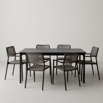 Set Tavolo Rettangolare in Metallo e 6 Sedie in Rattan Sintetico Nero/Marrone