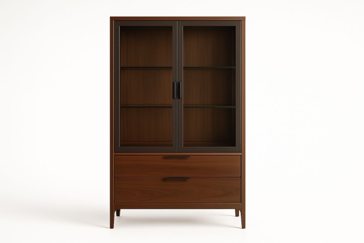 Vetrina in legno massello con ante in vetro temperato e cassetti Marrone