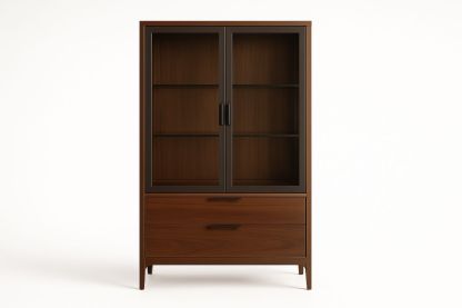 Vetrina in legno massello con ante in vetro temperato e cassetti Marrone